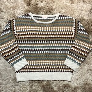 White and Brown Crew Neck Sweater with Striped Pattern